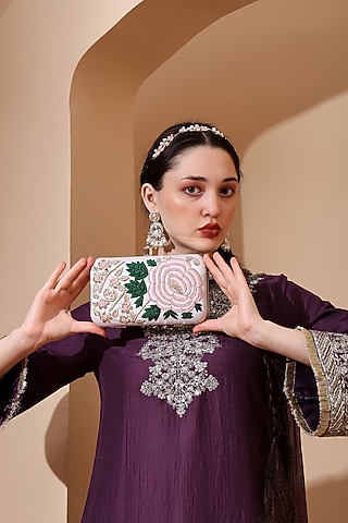 White Silk Floral Hand Embroidered Clutch by House of Webhin