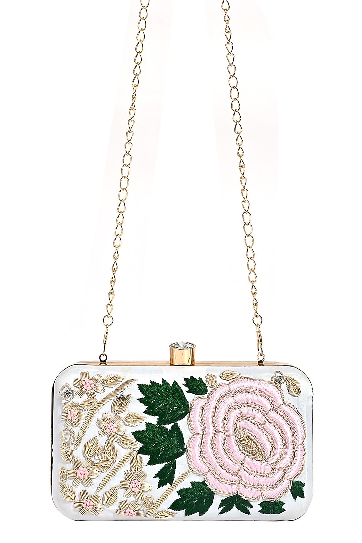 White Silk Floral Hand Embroidered Clutch by House of Webhin at Pernia's Pop Up Shop
