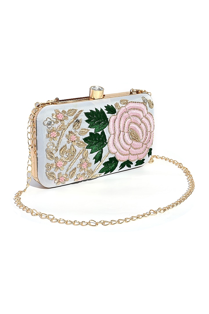 White Silk Floral Hand Embroidered Clutch by House of Webhin at Pernia's Pop Up Shop
