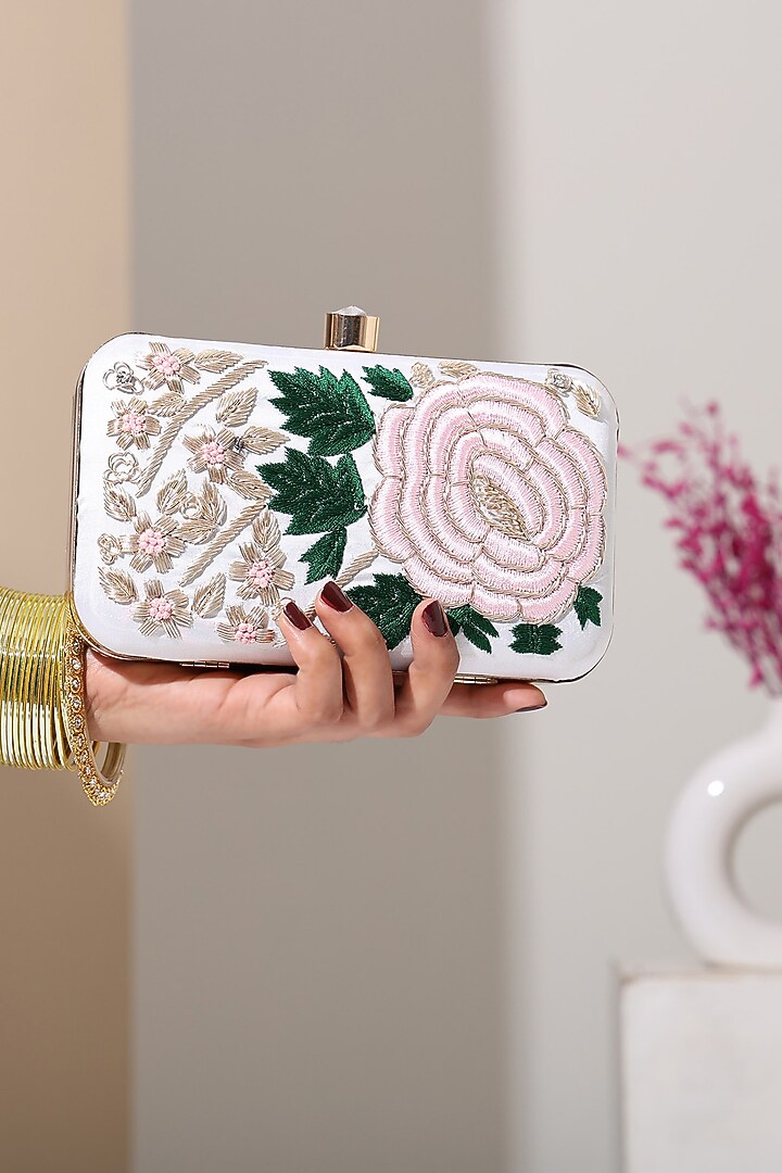 White Silk Floral Hand Embroidered Clutch by House of Webhin at Pernia's Pop Up Shop