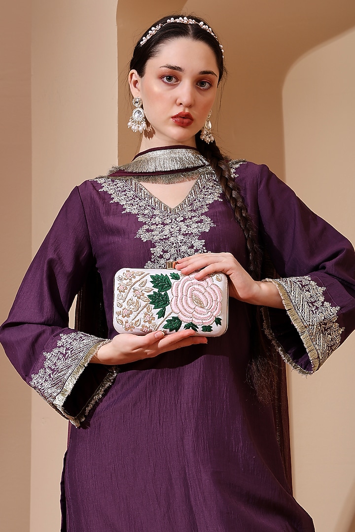 White Silk Floral Hand Embroidered Clutch by House of Webhin at Pernia's Pop Up Shop