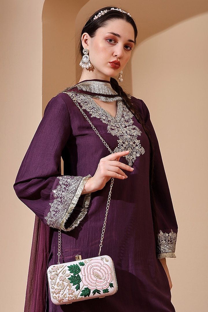 White Silk Floral Hand Embroidered Clutch by House of Webhin at Pernia's Pop Up Shop