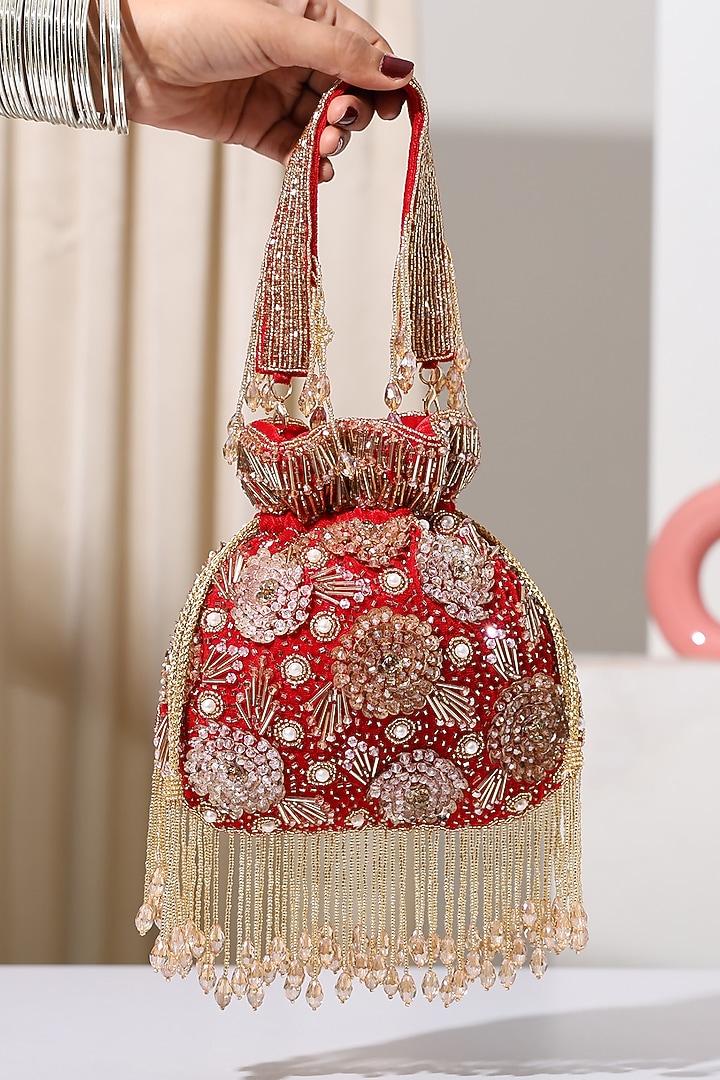 Deep Red Velvet Sequin Embroidered Potli Bag by House of Webhin at Pernia's Pop Up Shop
