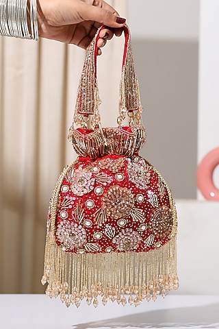 Deep Red Velvet Sequin Embroidered Potli Bag by House of Webhin