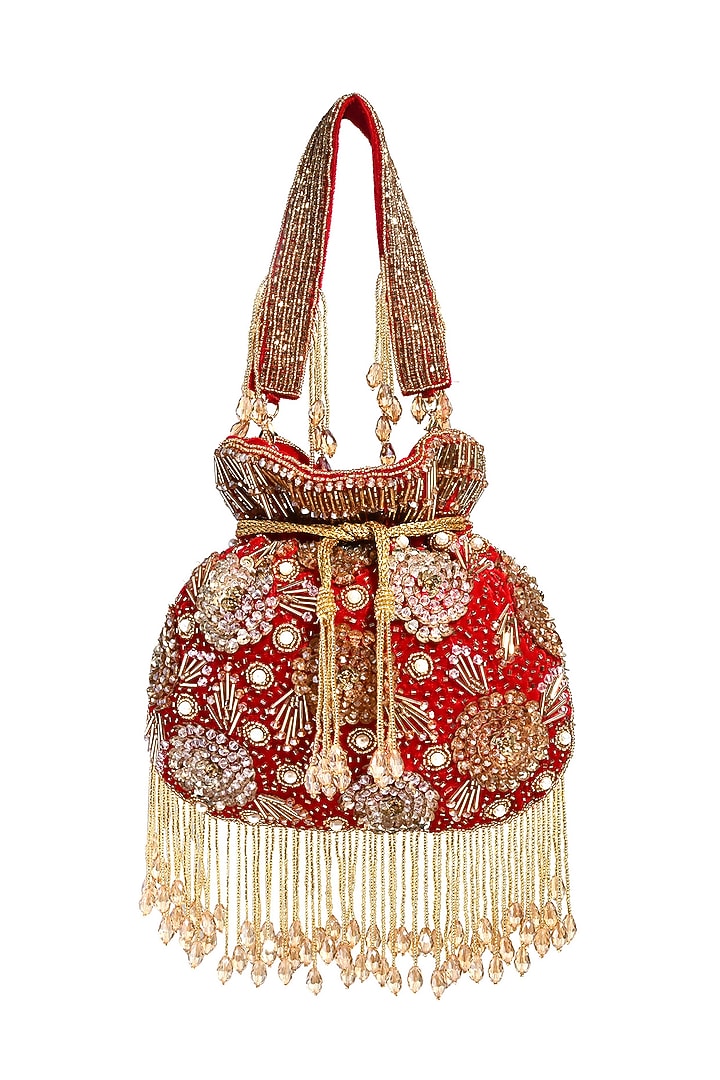 Deep Red Velvet Sequin Embroidered Potli Bag by House of Webhin at Pernia's Pop Up Shop