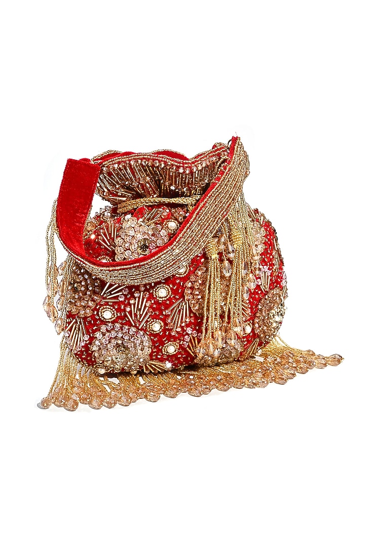 Deep Red Velvet Sequin Embroidered Potli Bag by House of Webhin at Pernia's Pop Up Shop