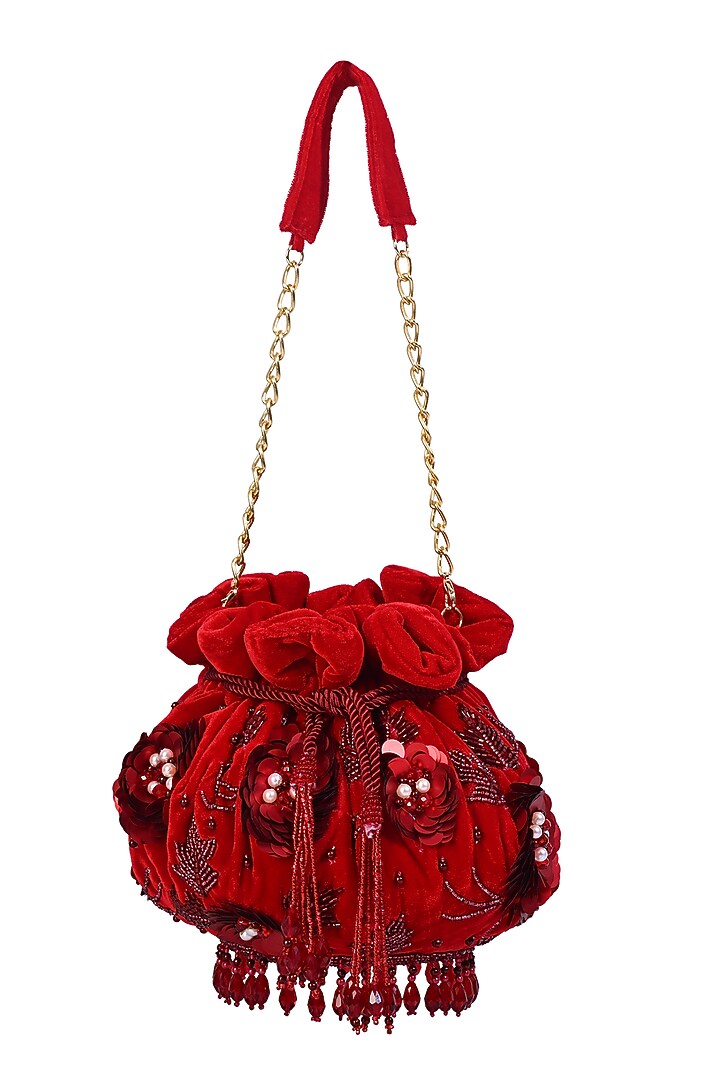 Kumkum Red Velvet Sequin Embellished Potli Bag by House of Webhin at Pernia's Pop Up Shop