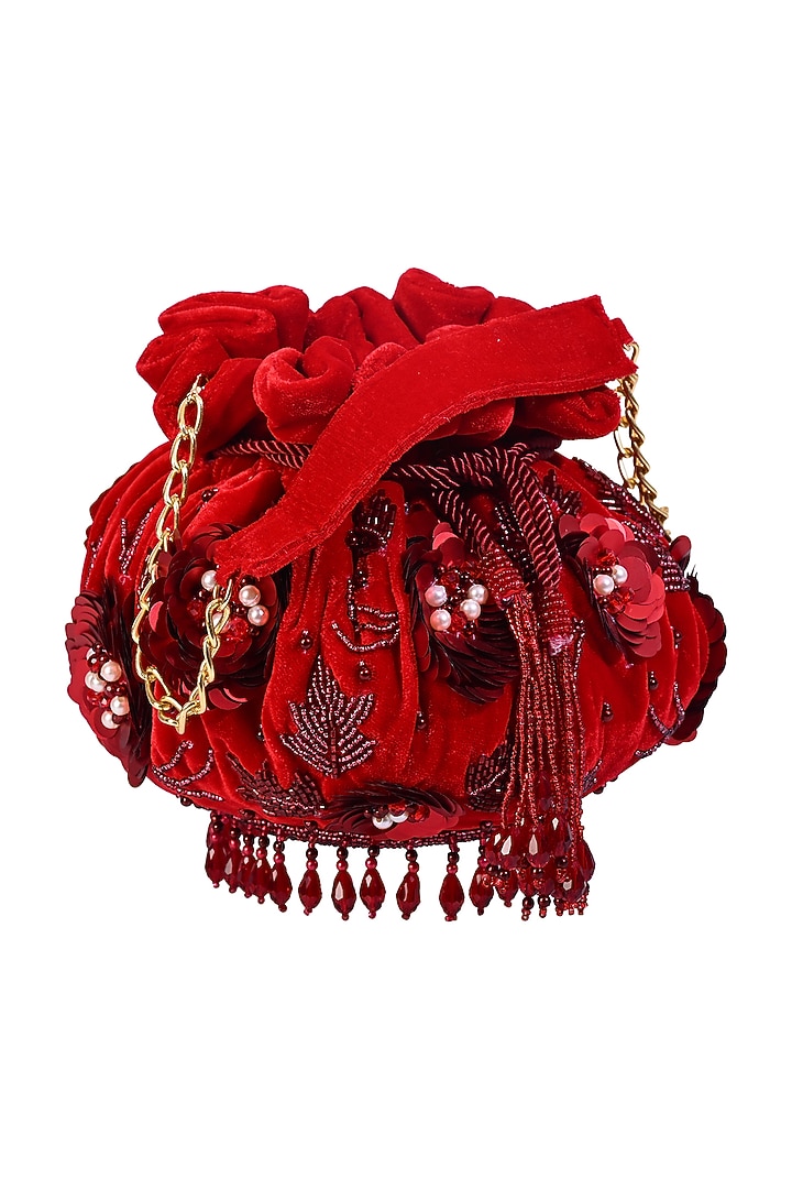 Kumkum Red Velvet Sequin Embellished Potli Bag by House of Webhin at Pernia's Pop Up Shop
