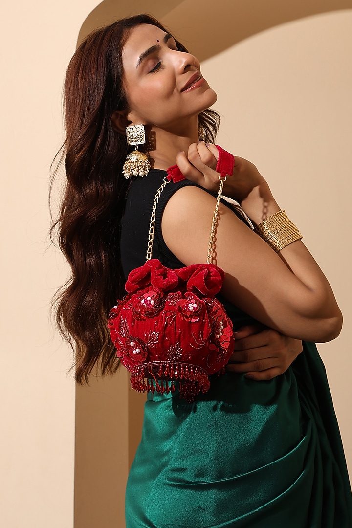 Kumkum Red Velvet Sequin Embellished Potli Bag by House of Webhin at Pernia's Pop Up Shop