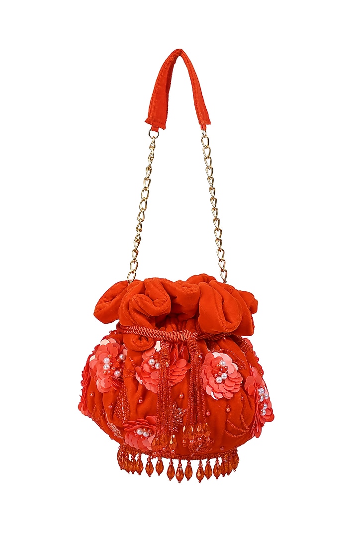 Orange Velvet Sequin Embellished Potli Bag by House of Webhin at Pernia's Pop Up Shop
