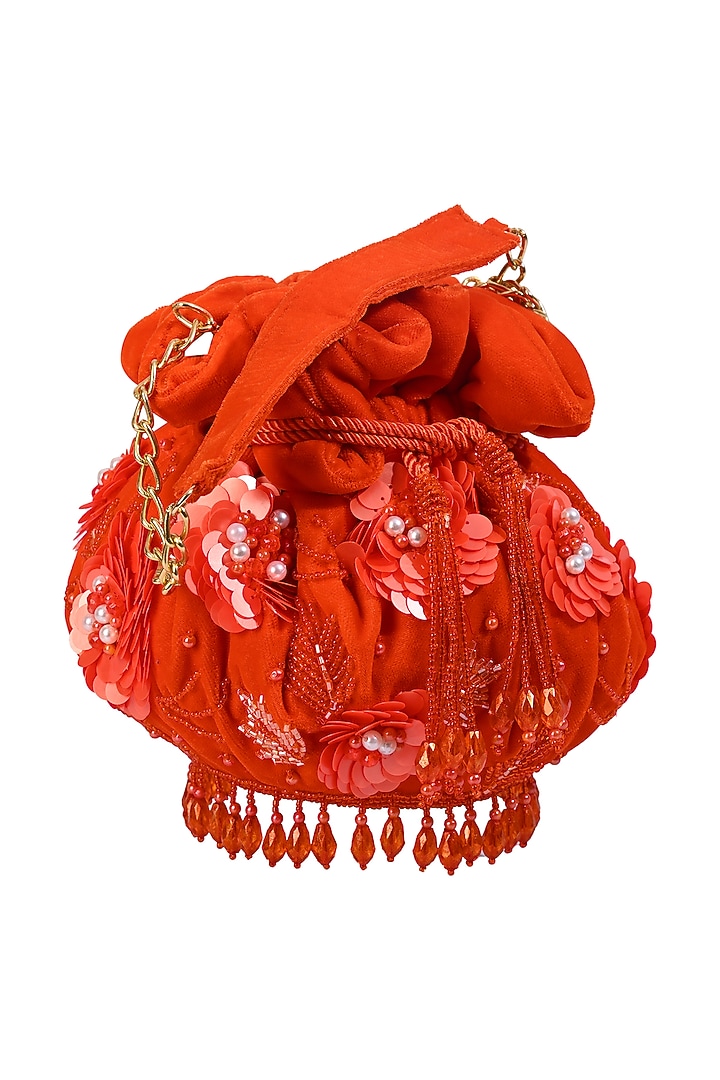 Orange Velvet Sequin Embellished Potli Bag by House of Webhin at Pernia's Pop Up Shop