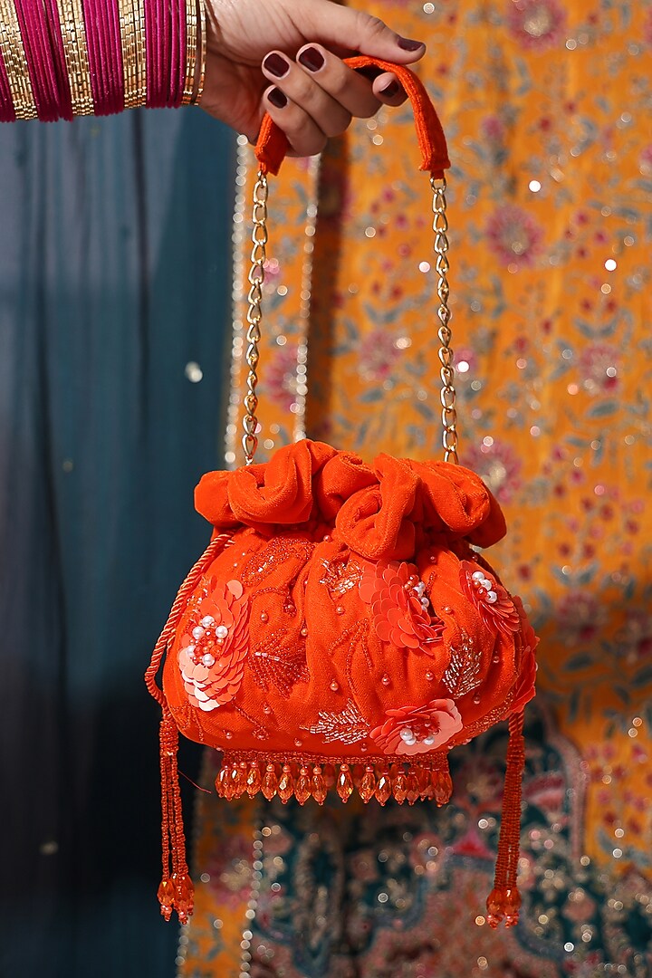 Orange Velvet Sequin Embellished Potli Bag by House of Webhin at Pernia's Pop Up Shop