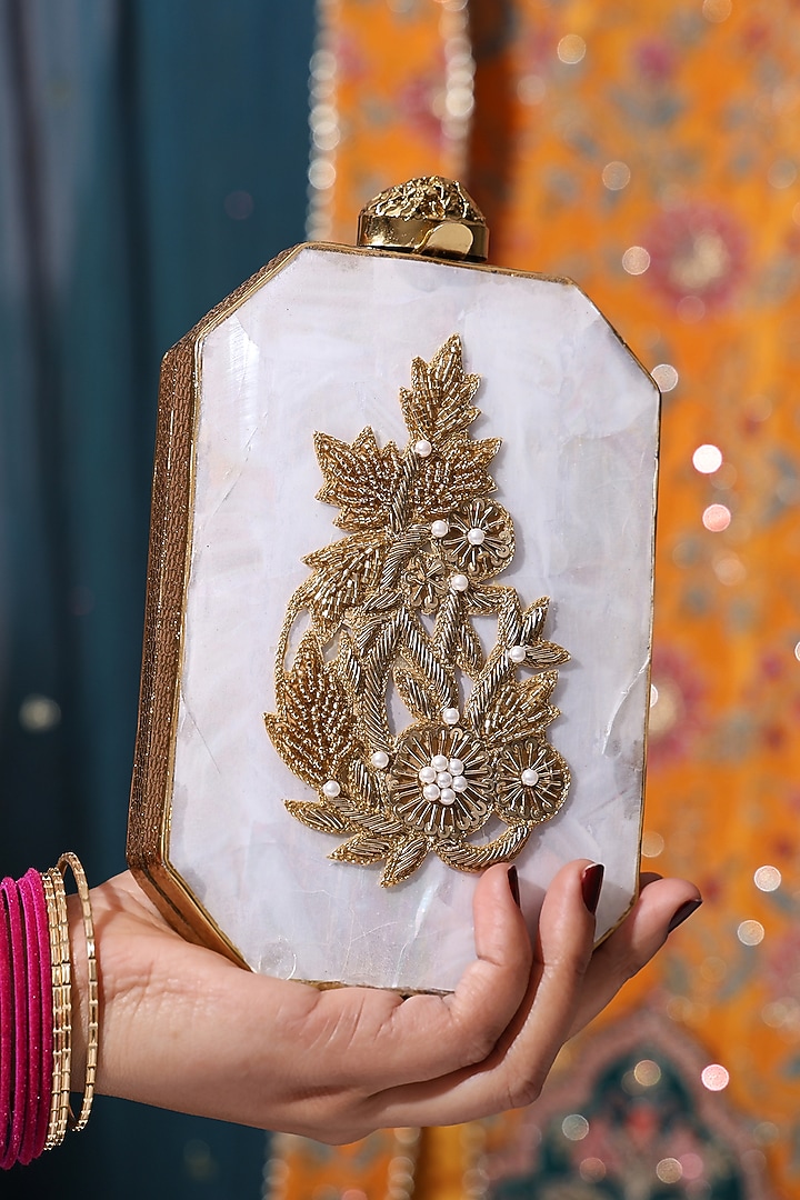 Golden Metallic Zardosi Patchwork Clutch by House of Webhin at Pernia's Pop Up Shop