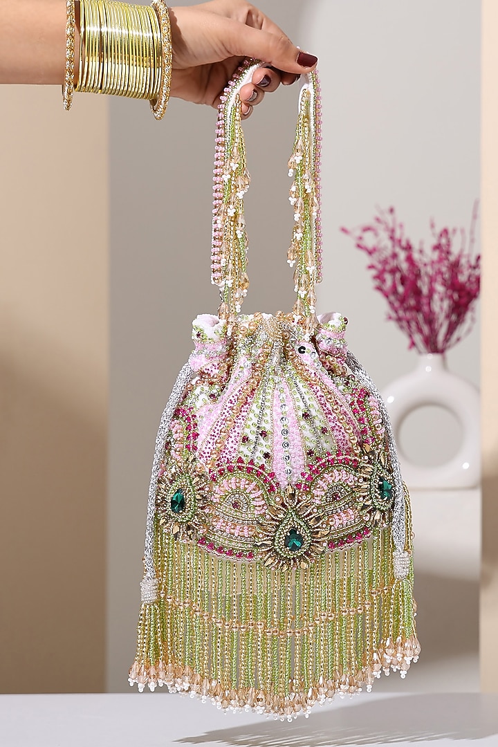 White Velvet Pearl Embroidered Potli Bag by House of Webhin at Pernia's Pop Up Shop
