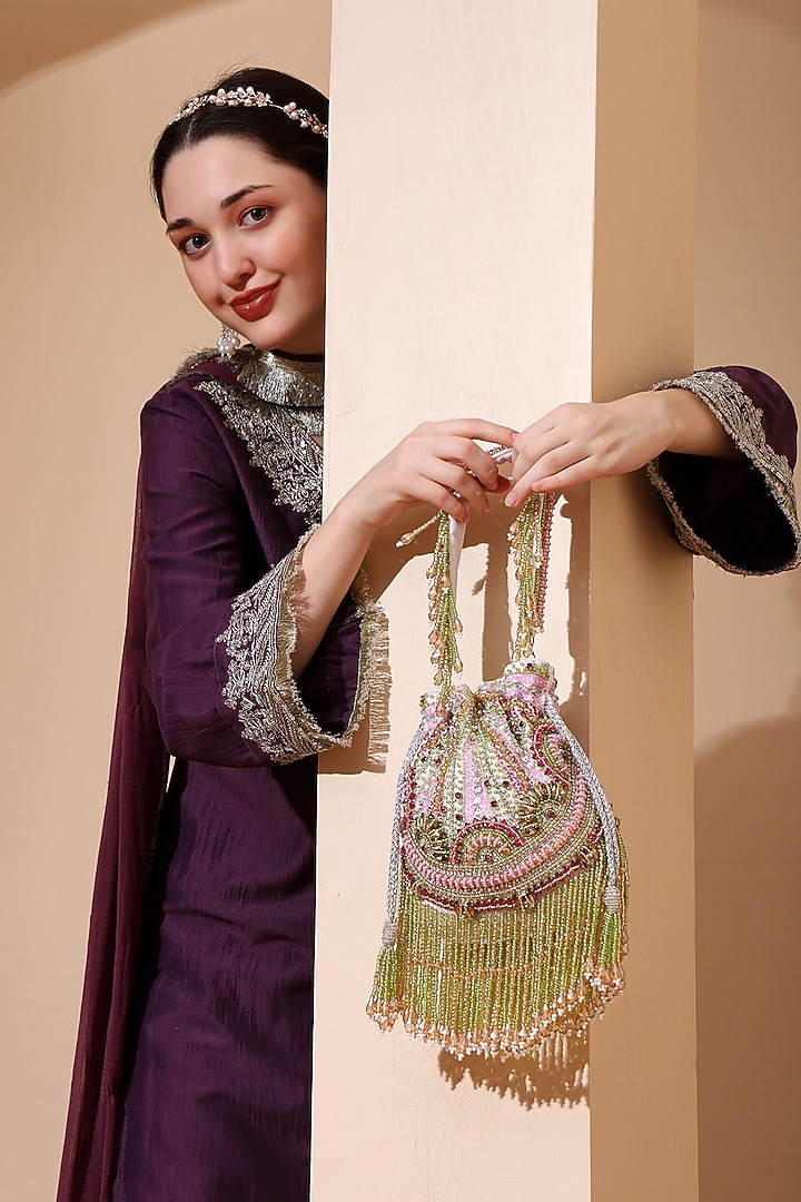White Velvet Pearl Embroidered Potli Bag by House of Webhin at Pernia's Pop Up Shop