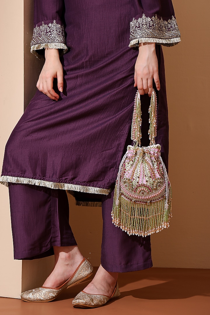White Velvet Pearl Embroidered Potli Bag by House of Webhin at Pernia's Pop Up Shop