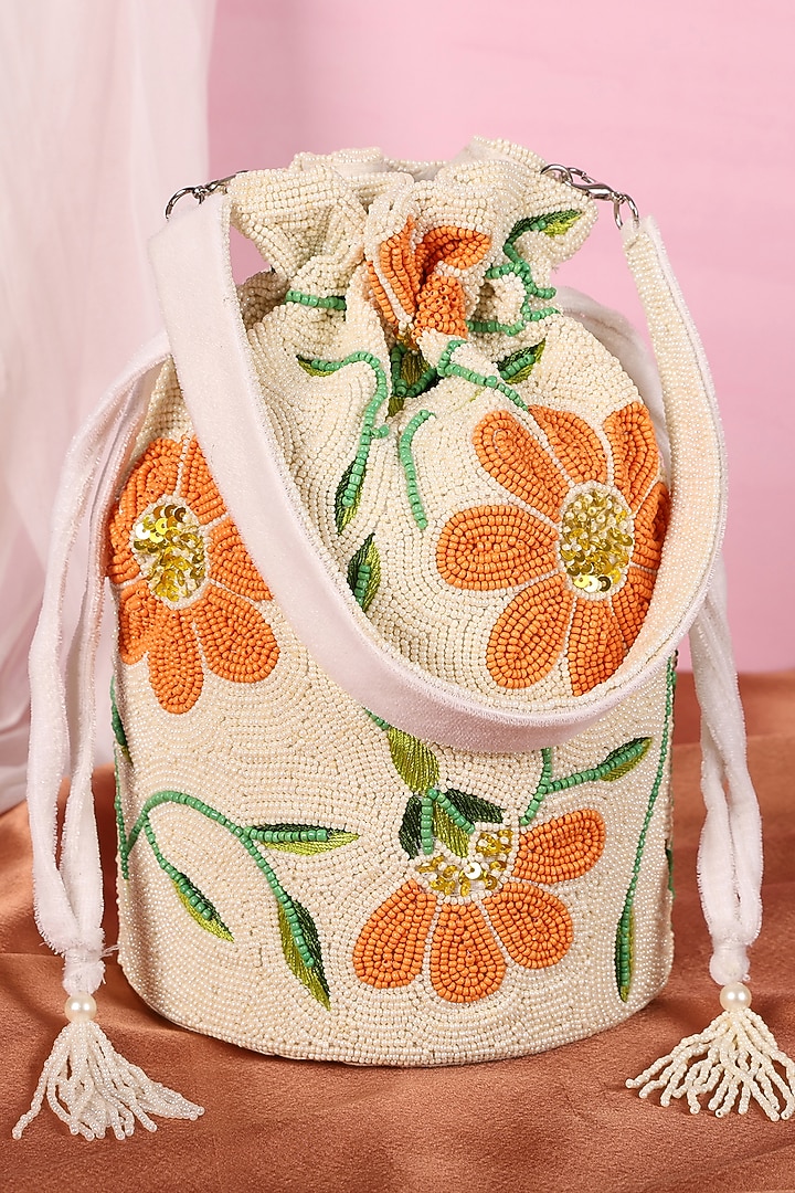 White Silk Bead Embroidered Bucket Bag by House of Webhin at Pernia's Pop Up Shop