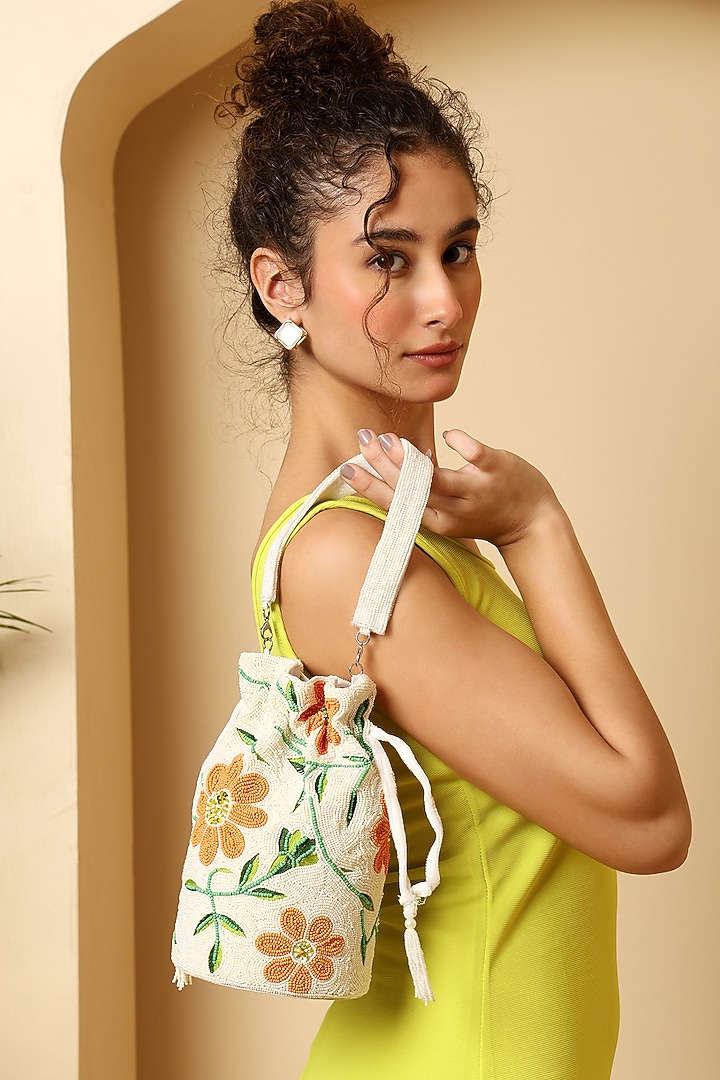 White Silk Bead Embroidered Bucket Bag by House of Webhin at Pernia's Pop Up Shop