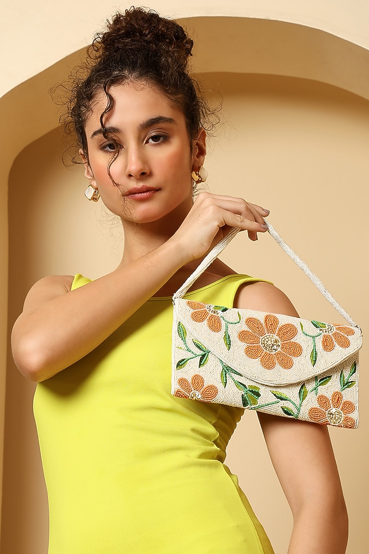 White Silk Bead Embroidered Clutch by House of Webhin at Pernia's Pop Up Shop