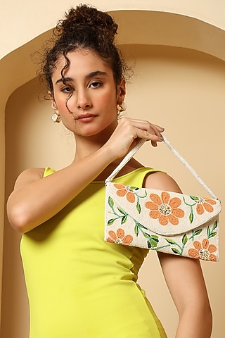 White Silk Bead Embroidered Clutch by House of Webhin