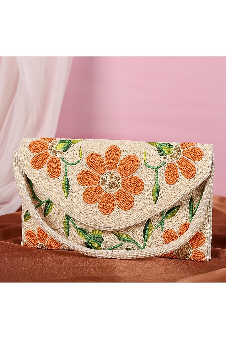 White Silk Bead Embroidered Clutch by House of Webhin at Pernia's Pop Up Shop