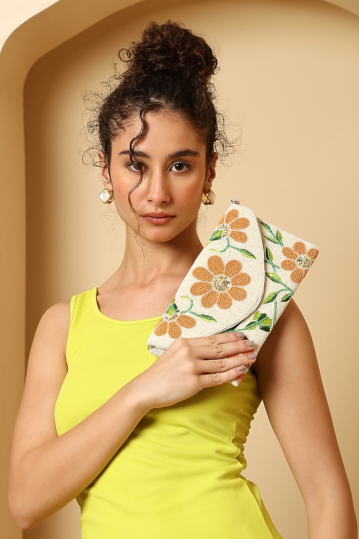 White Silk Bead Embroidered Clutch by House of Webhin at Pernia's Pop Up Shop