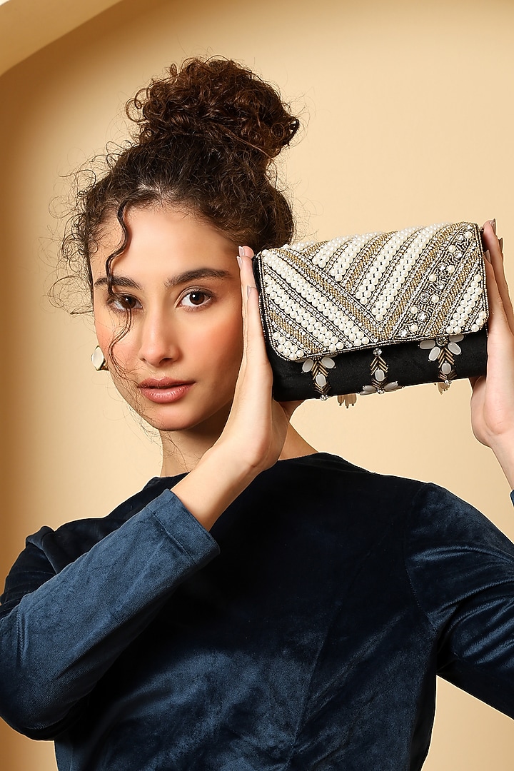Black Suede Pearl Embellished Handcrafted Clutch by House of Webhin at Pernia's Pop Up Shop