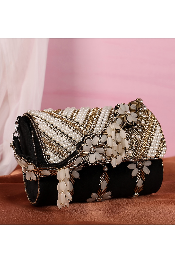 Black Suede Pearl Embellished Handcrafted Clutch by House of Webhin at Pernia's Pop Up Shop