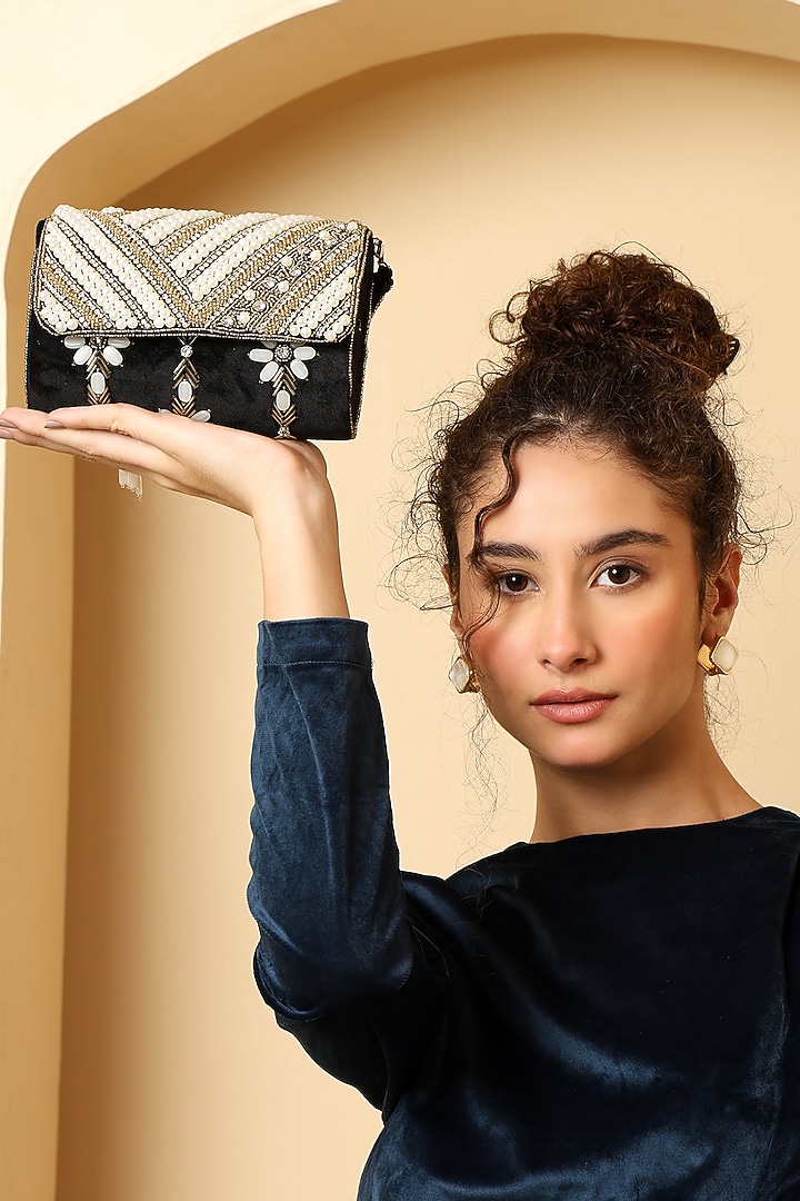 Black Suede Pearl Embellished Handcrafted Clutch by House of Webhin at Pernia's Pop Up Shop