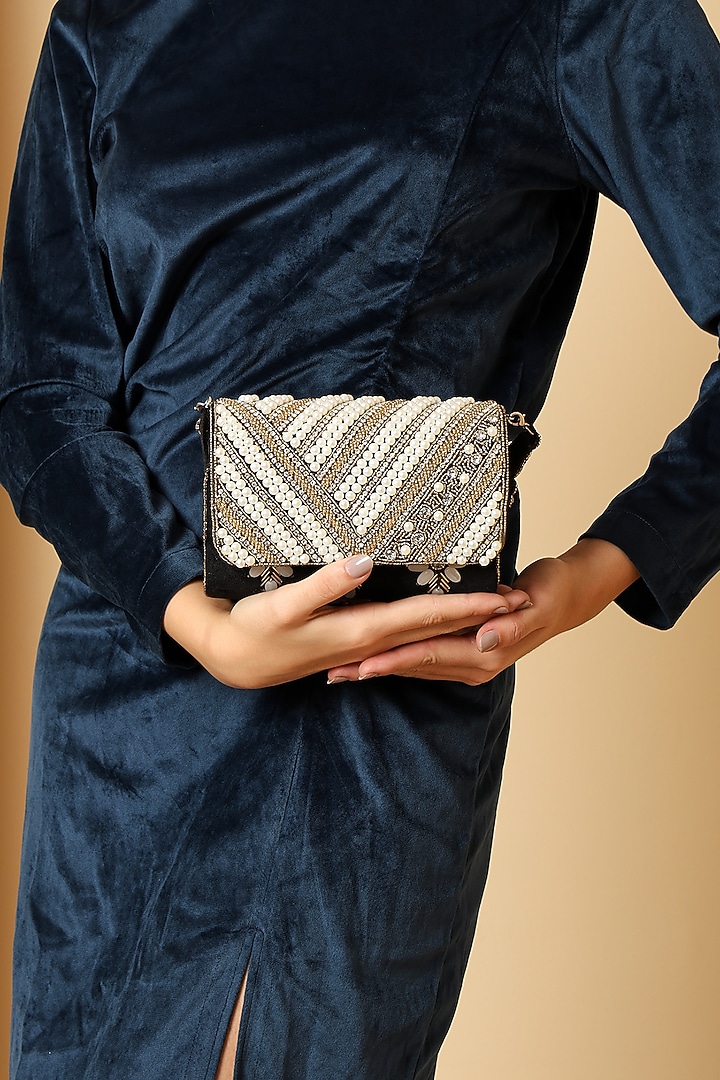 Black Suede Pearl Embellished Handcrafted Clutch by House of Webhin at Pernia's Pop Up Shop