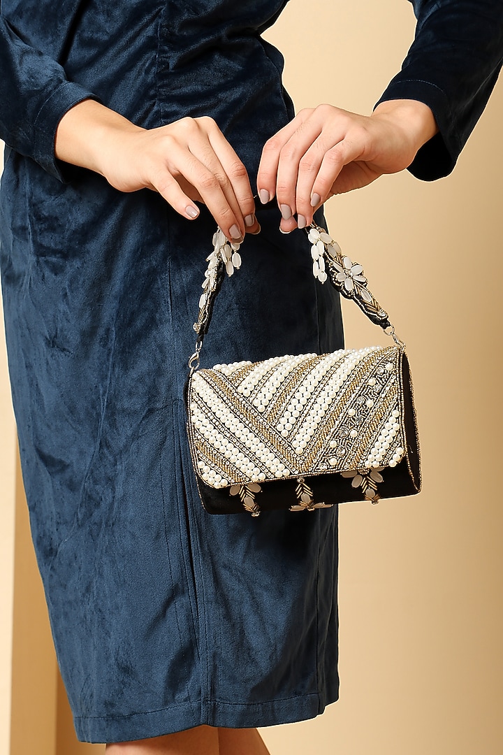 Black Suede Pearl Embellished Handcrafted Clutch by House of Webhin at Pernia's Pop Up Shop
