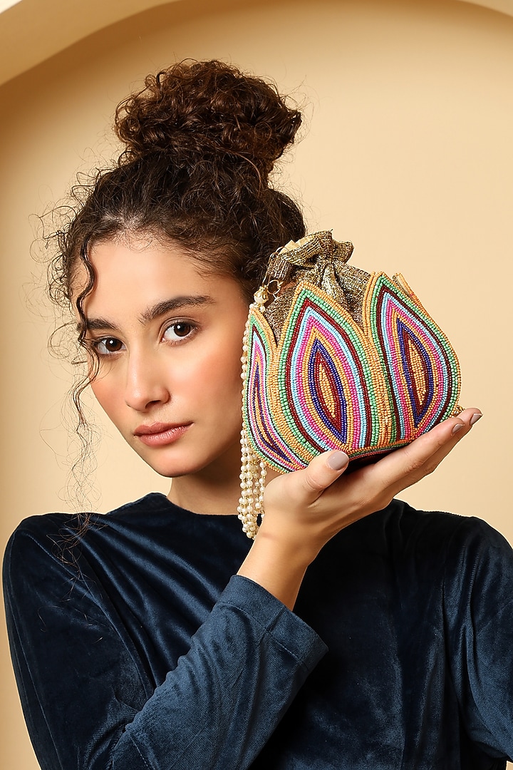Multi-Colored Silk Bead Embellished Potli Bag by House of Webhin at Pernia's Pop Up Shop