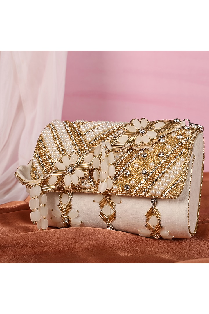 White Suede Pearl Embellished Handcrafted Clutch by House of Webhin at Pernia's Pop Up Shop