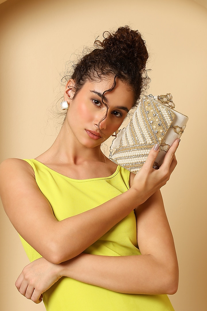 White Suede Pearl Embellished Handcrafted Clutch by House of Webhin at Pernia's Pop Up Shop