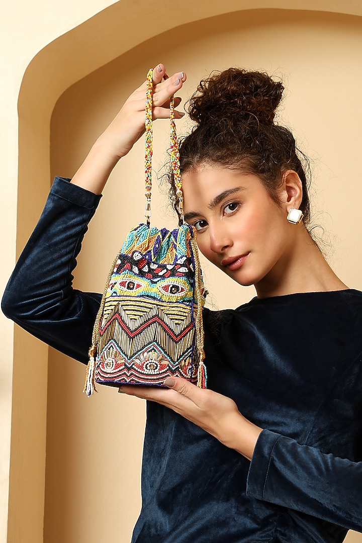 Multi-Colored Silk Bead Embroidered Potli Bag by House of Webhin at Pernia's Pop Up Shop