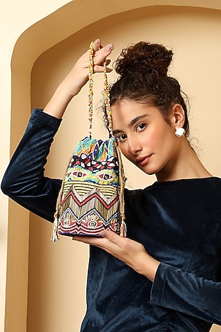 Multi-Colored Silk Bead Embroidered Potli Bag by House of Webhin