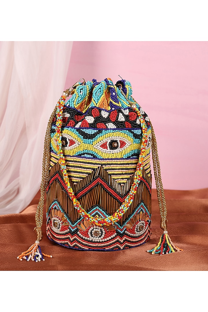 Multi-Colored Silk Bead Embroidered Potli Bag by House of Webhin at Pernia's Pop Up Shop