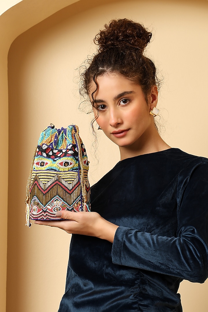 Multi-Colored Silk Bead Embroidered Potli Bag by House of Webhin at Pernia's Pop Up Shop