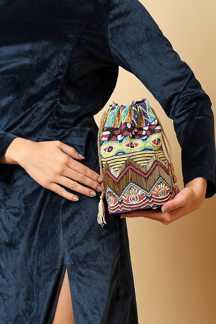 Multi-Colored Silk Bead Embroidered Potli Bag by House of Webhin at Pernia's Pop Up Shop