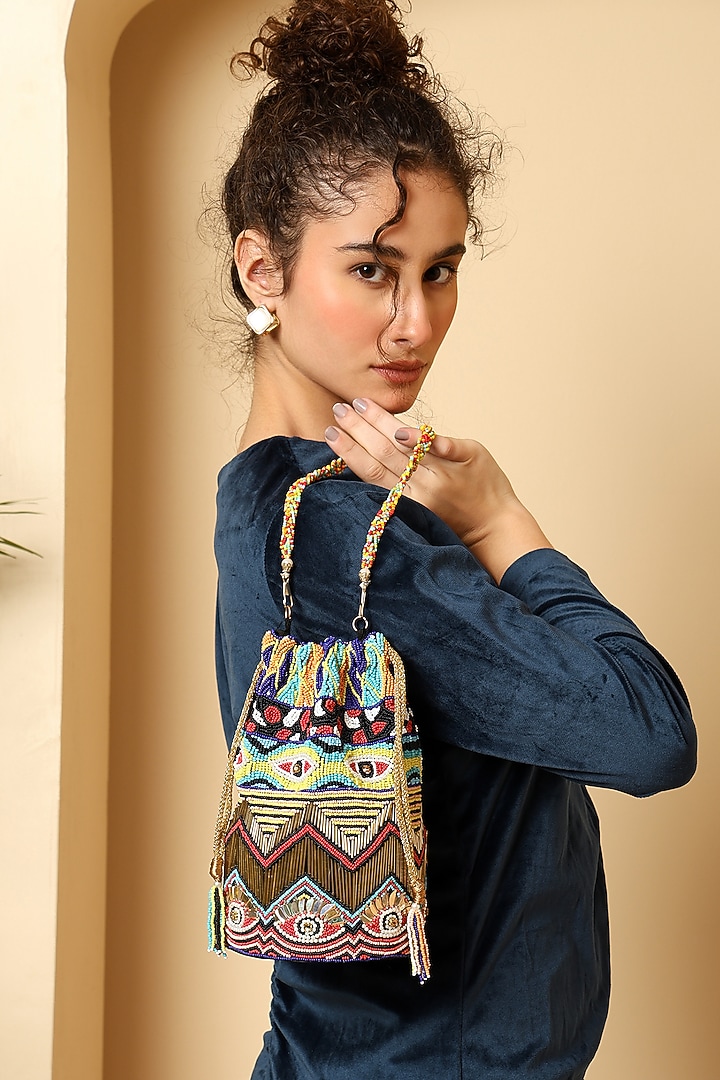 Multi-Colored Silk Bead Embroidered Potli Bag by House of Webhin at Pernia's Pop Up Shop