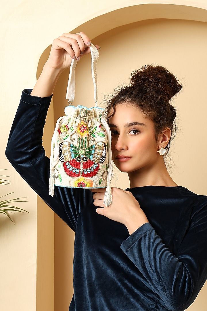 White Velvet Bead Embellished Potli Bag by House of Webhin at Pernia's Pop Up Shop
