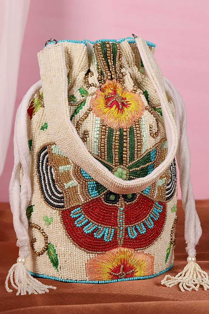 White Velvet Bead Embellished Potli Bag by House of Webhin at Pernia's Pop Up Shop