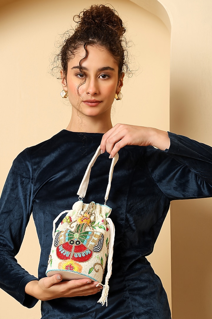 White Velvet Bead Embellished Potli Bag by House of Webhin at Pernia's Pop Up Shop