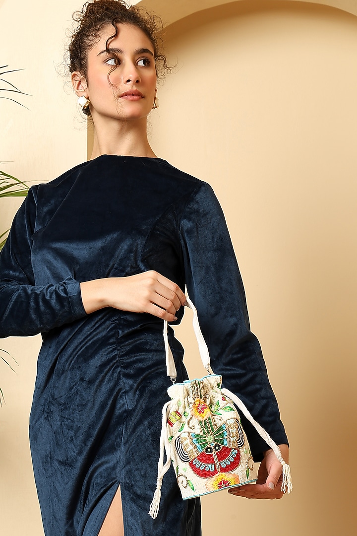 White Velvet Bead Embellished Potli Bag by House of Webhin at Pernia's Pop Up Shop