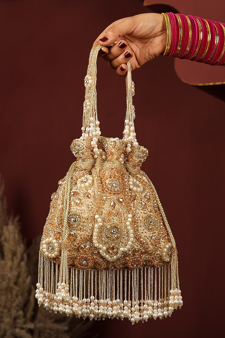 Golden Velvet Cutdana Embellished Potli Bag by House of Webhin at Pernia's Pop Up Shop