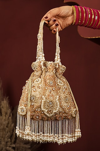 Golden Velvet Cutdana Embellished Potli Bag by House of Webhin