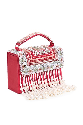 Red Suede Stonework Box Clutch by House of Webhin