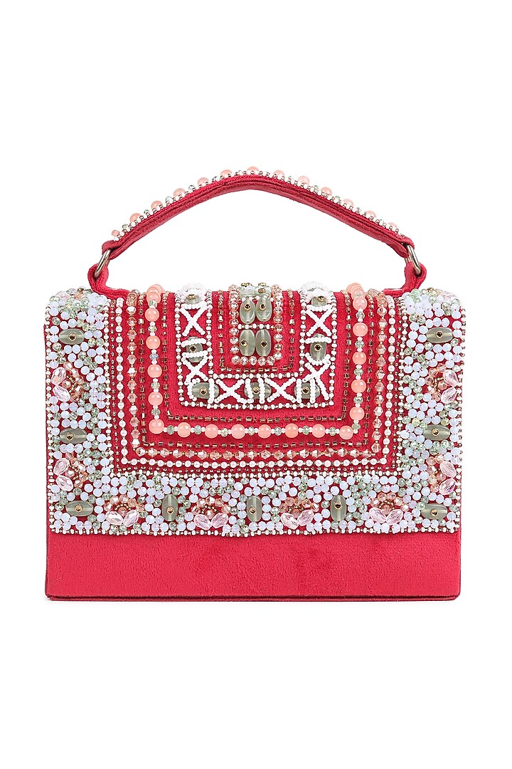 Red Suede Stonework Box Clutch by House of Webhin at Pernia's Pop Up Shop