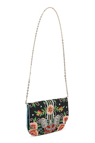 Black Silk Butterfly Beaded Envelope Bag by House of Webhin