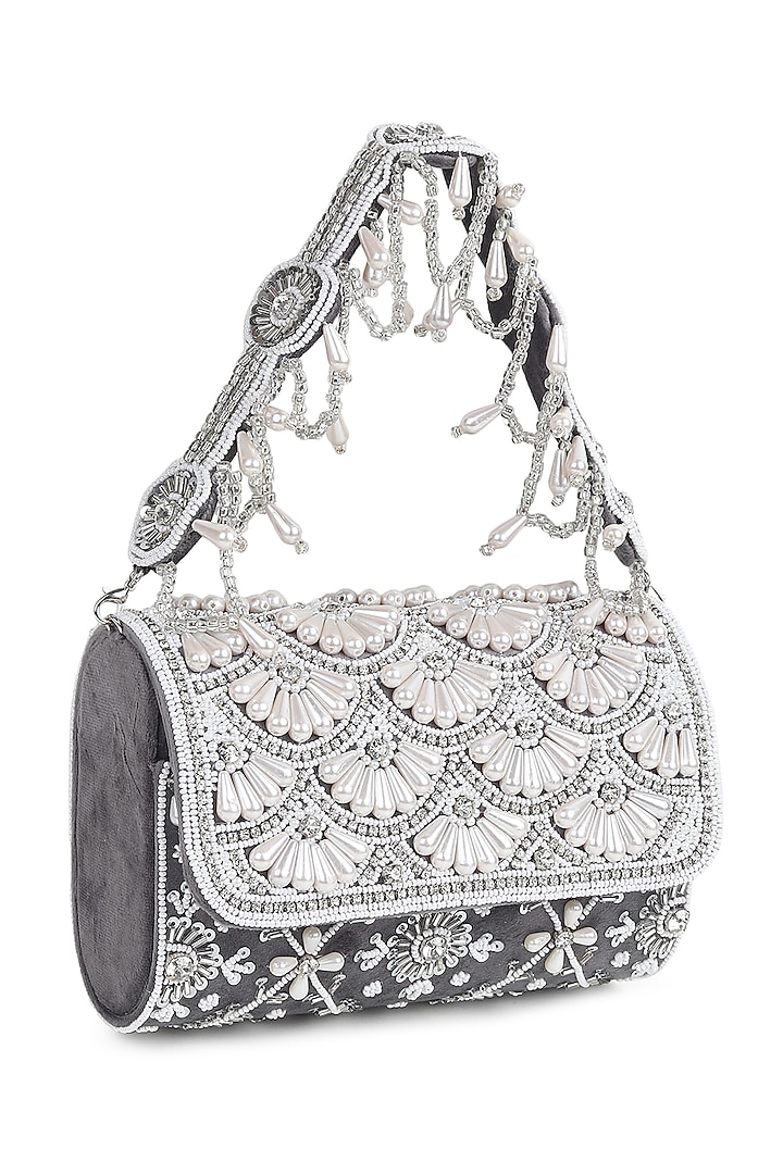 Grey Suede Pearl Embellished Flap Bag by House of Webhin at Pernia's Pop Up Shop